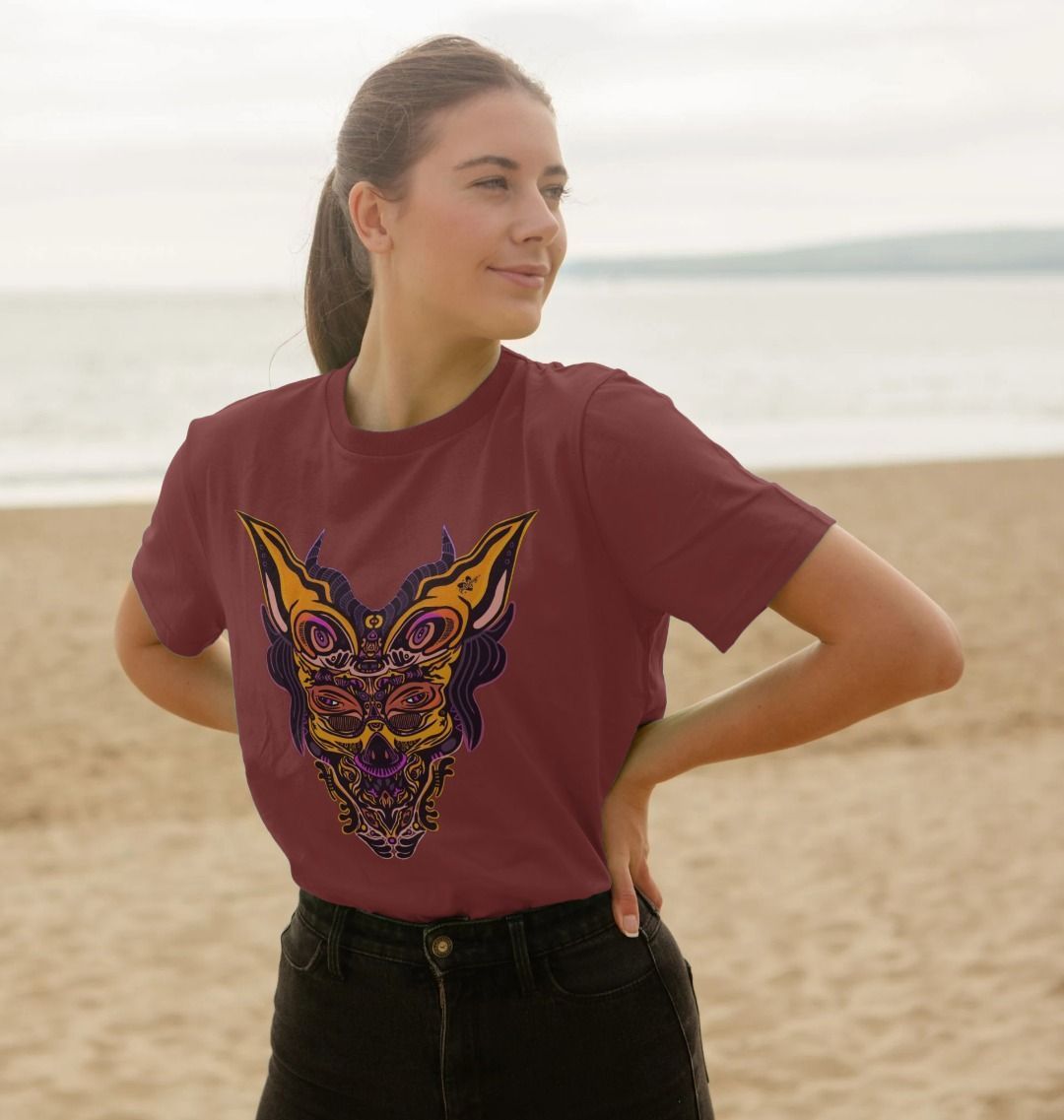 Organic Cotton Red Wine T-shirt featuring Cyberpunk Dog Boy by Fowl Plays - Sustainable Fashion and Art At Fowl Plays