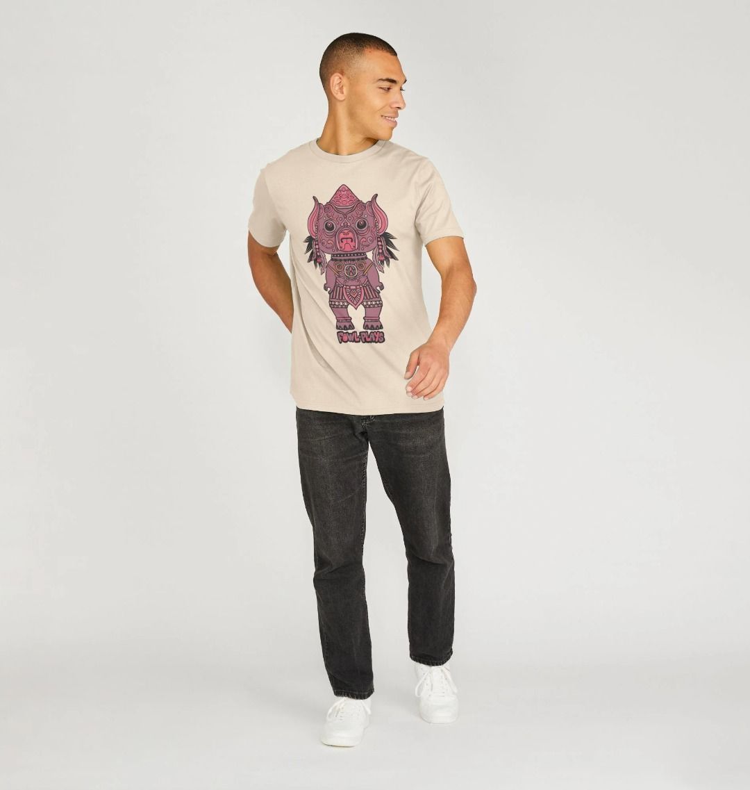 Organic Cotton Oat T-shirt featuring Tribal Pig Statue by Fowl Plays - Sustainable Fashion and Art At Fowl Plays