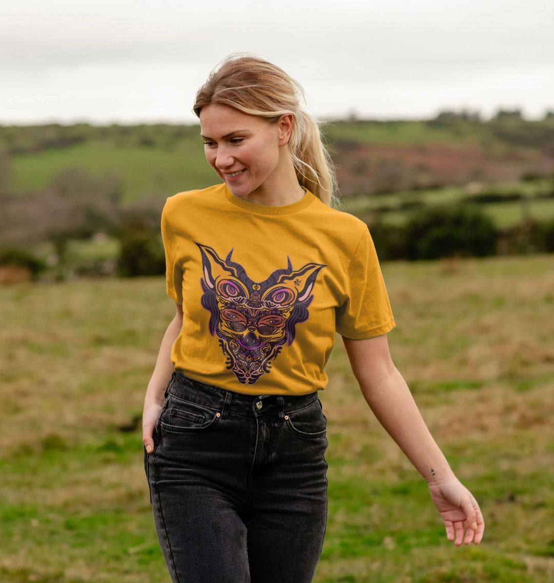 Organic Cotton Mustard T-shirt featuring Cyberpunk Dog Boy by Fowl Plays - Sustainable Fashion and Art At Fowl Plays