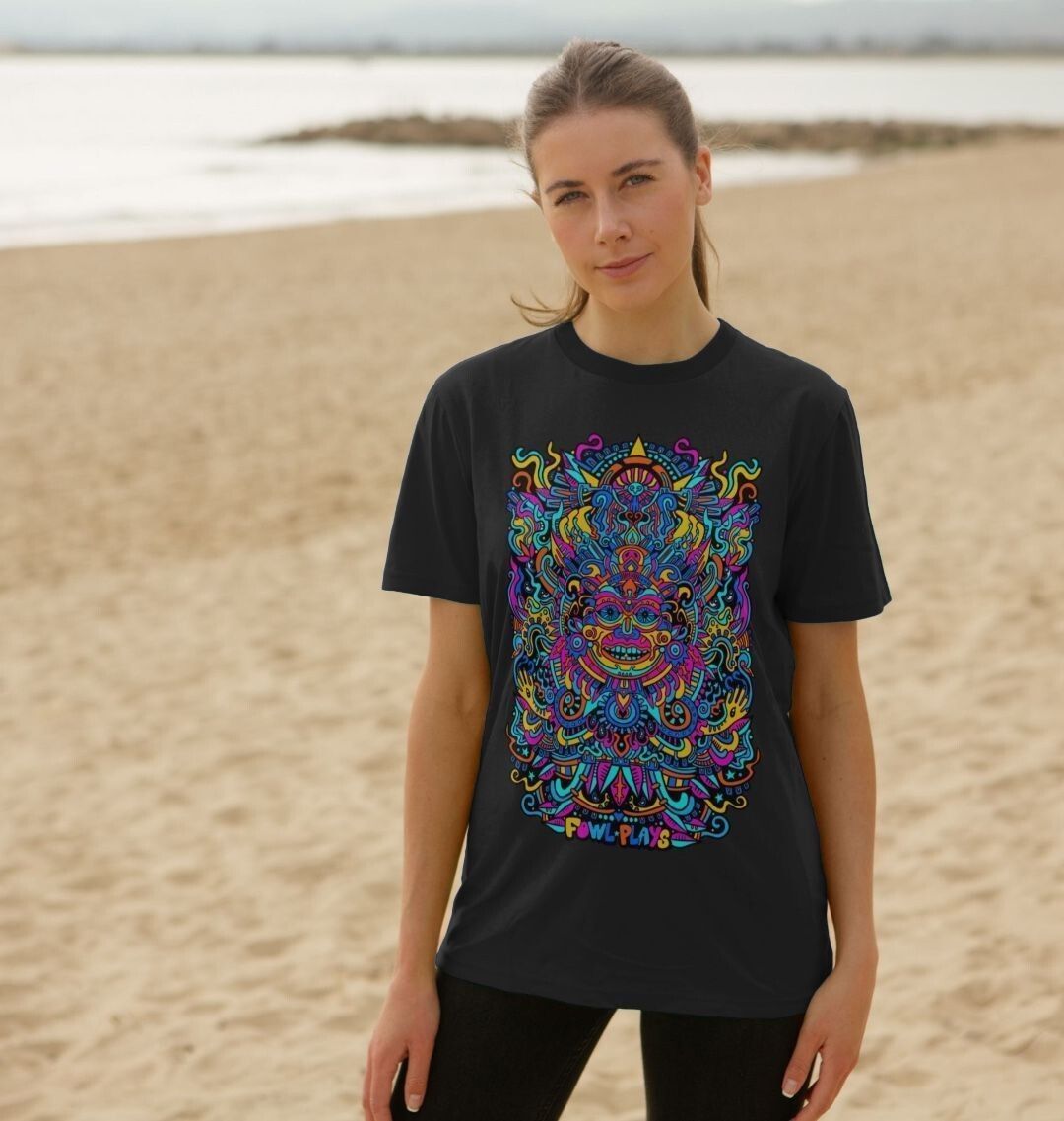 Organic Cotton Black T-shirt featuring a Psychedelic Mask Blue Edition by Fowl Plays - Sustainable Fashion and Art At Fowl Plays