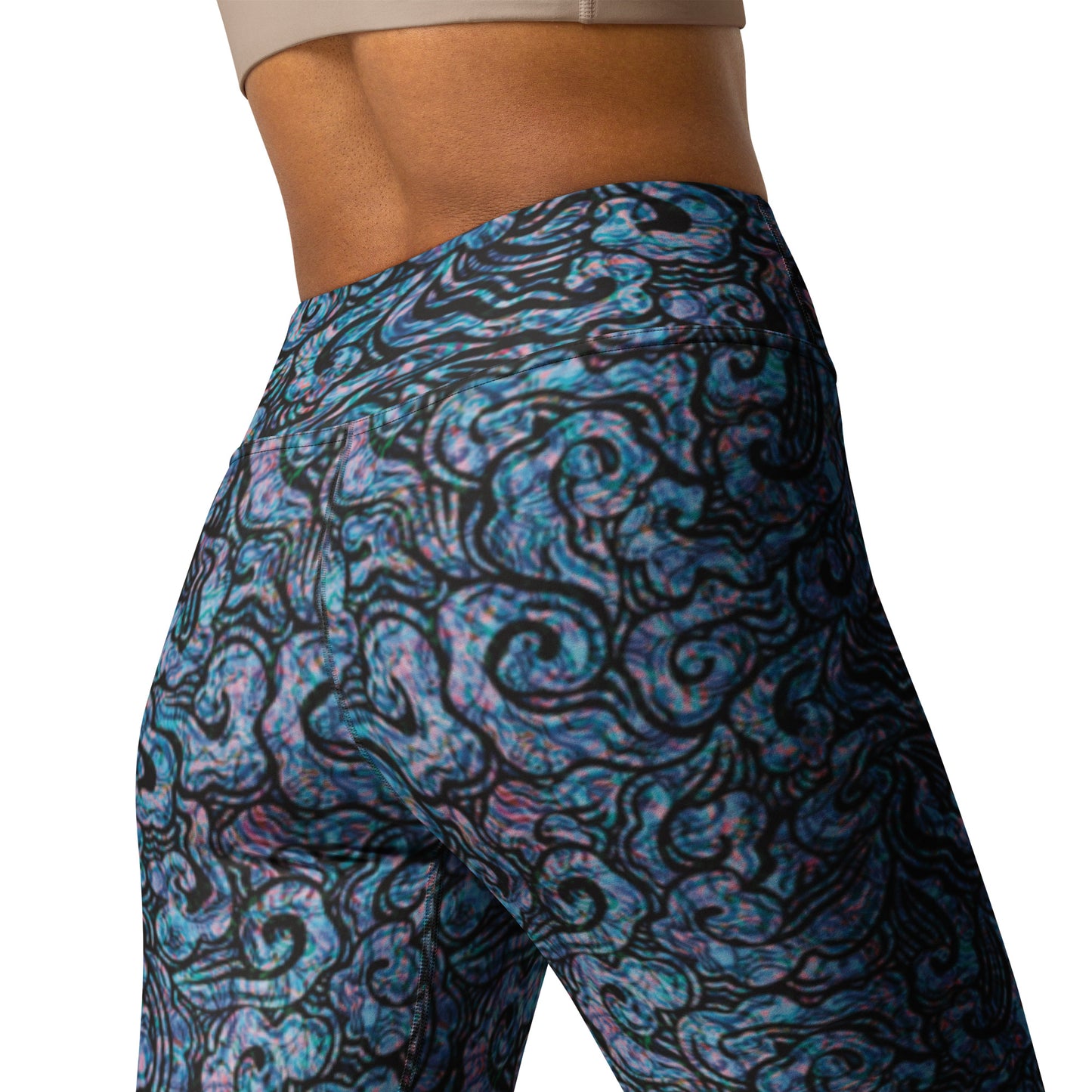 Blue and pink psychedelic leggings inspired by waves – yoga waist active festival wear Back.
