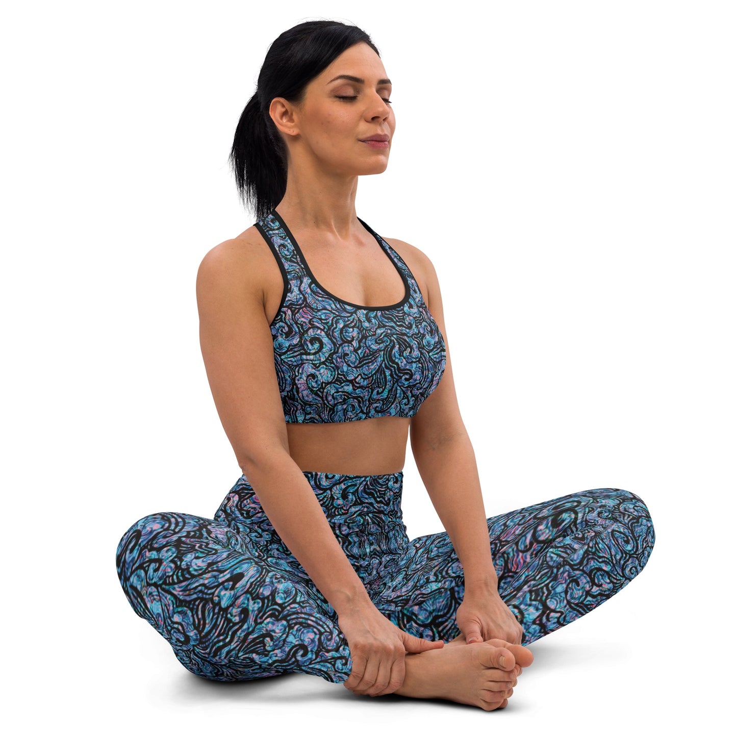 Model wearing Blue Waves leggings by Fowl Plays Print Emporium, with matching crop top