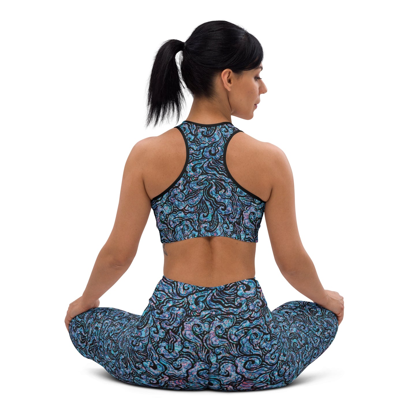 Model wearing Blue Waves leggings by Fowl Plays Print Emporium with matching crop top back