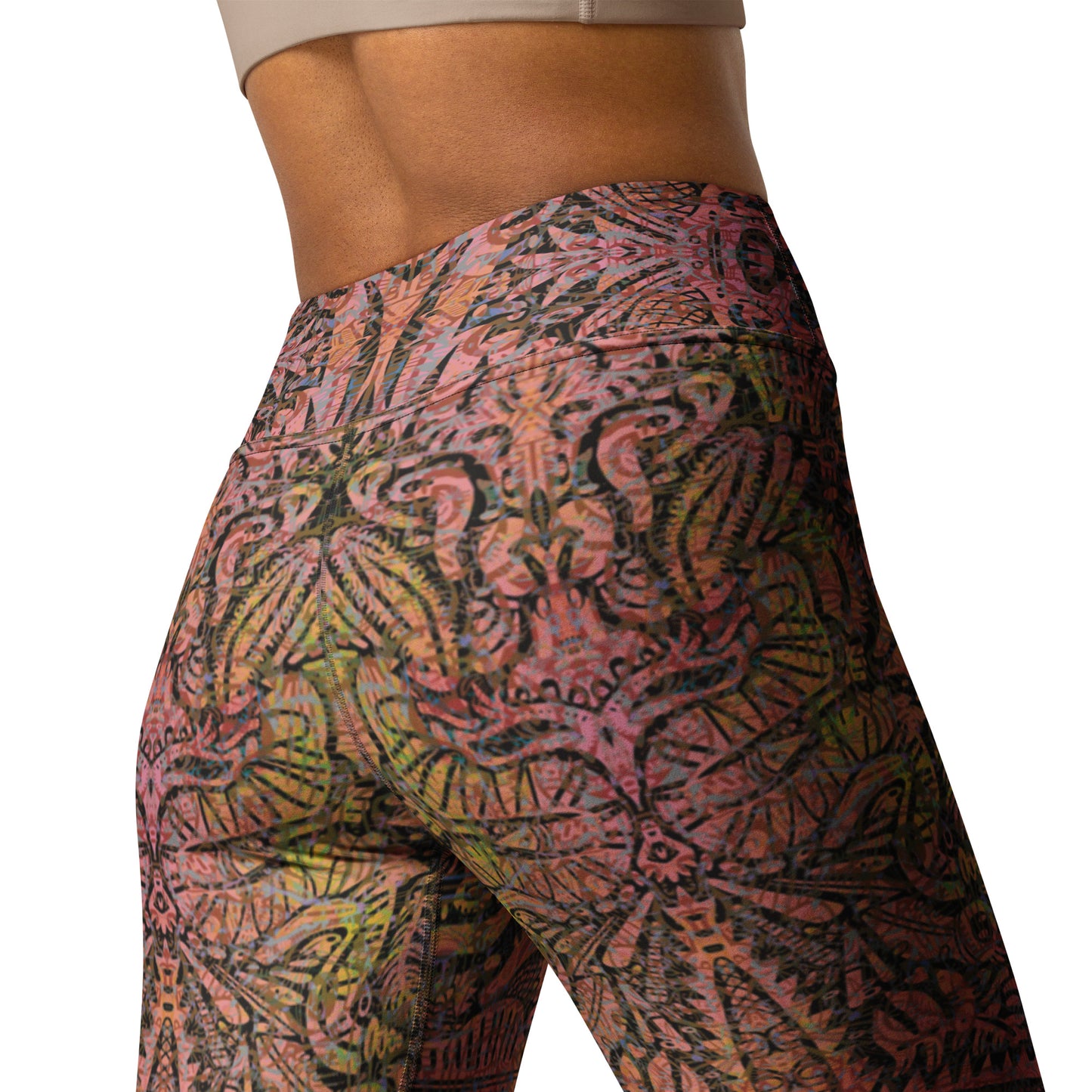 Close-up of Desert Mirage patterned leggings fabric yoga back