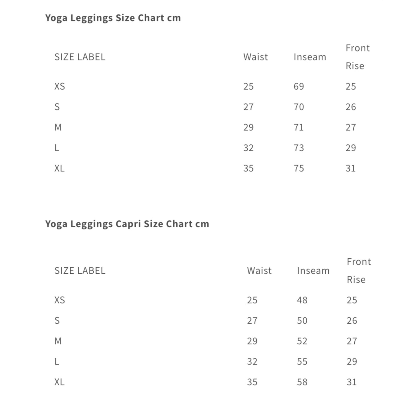 Leggings size chart – yoga, capri size fits