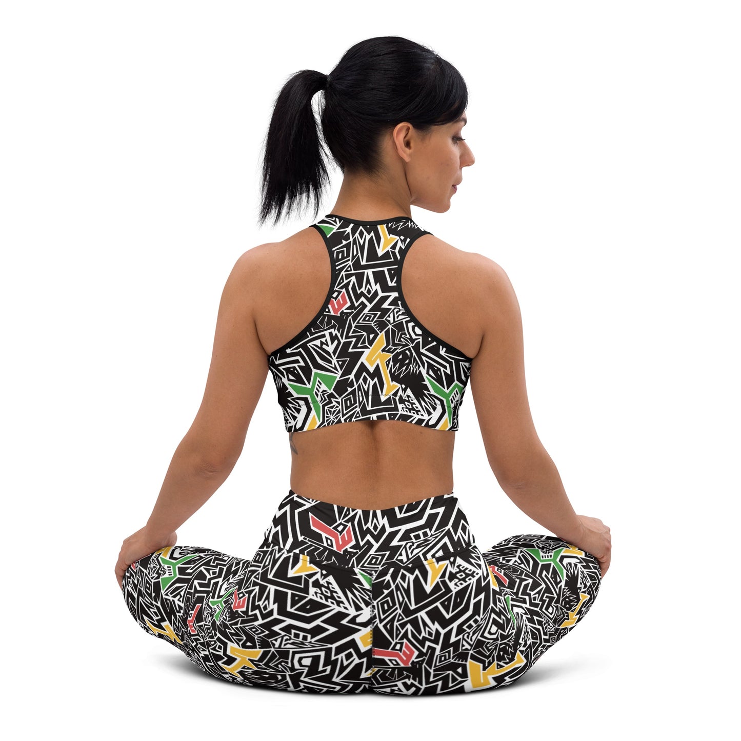 Red, gold, and green patterned leggings and crop top with hidden Smile At Life text, designed by Fowl Plays Print Emporium.