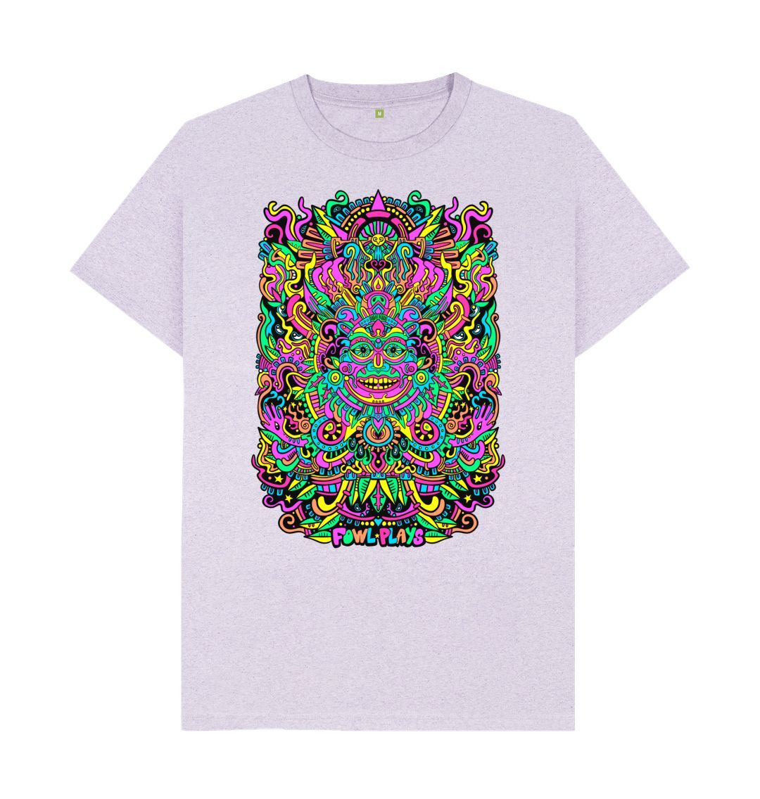 Organic Cotton Light Purple Recycled T-shirt featuring a Psychedelic Mask Bright Pastel Edition by Fowl Plays - Sustainable Fashion and Art At Fowl Plays