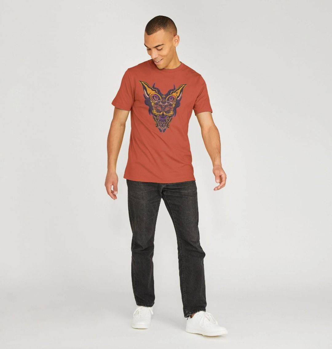 Organic Cotton Rust T-shirt featuring Cyberpunk Dog Boy by Fowl Plays - Sustainable Fashion and Art At Fowl Plays