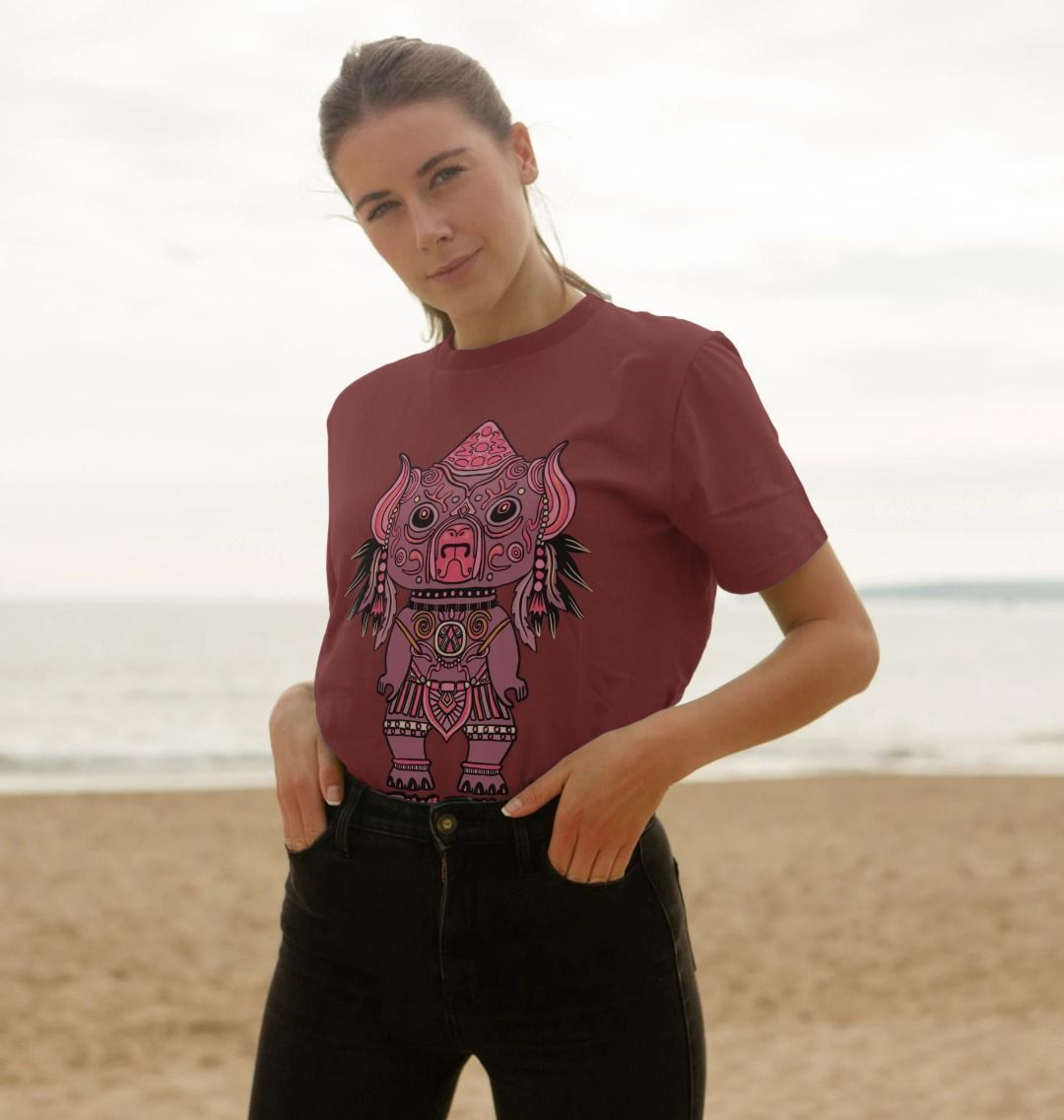 Organic Cotton Red Wine T-shirt featuring Tribal Pig Statue by Fowl Plays - Sustainable Fashion and Art At Fowl Plays