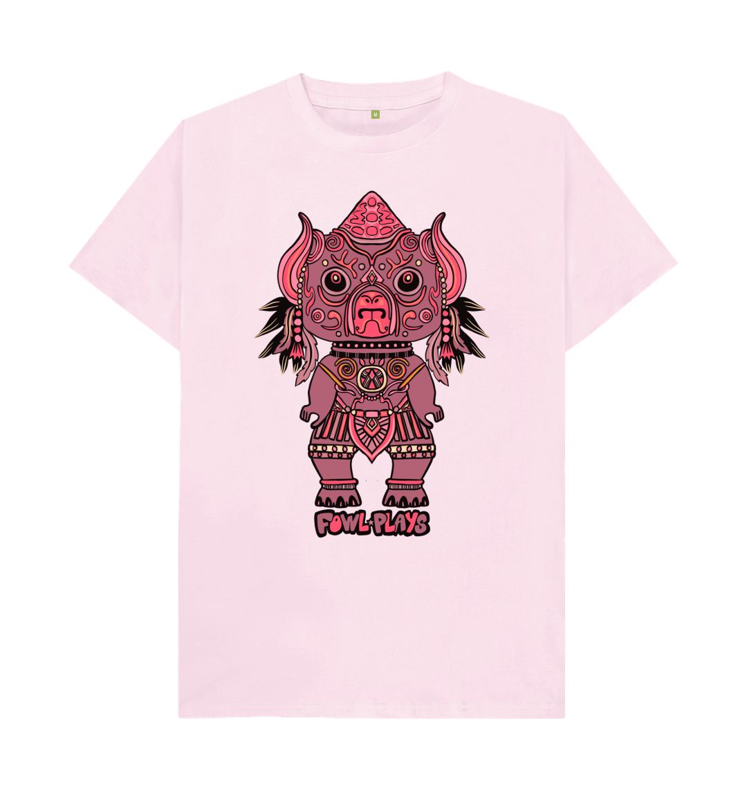 Organic Cotton Pink T-shirt featuring Tribal Pig Statue by Fowl Plays - Sustainable Fashion and Art At Fowl Plays