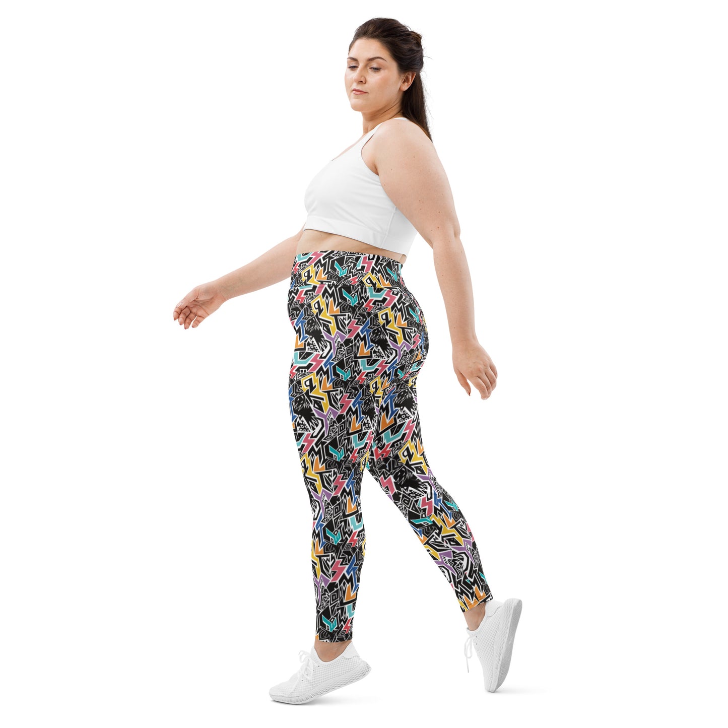 plus size Rainbow patterned leggings with hidden ‘Smile At Life’ message, designed by Fowl Plays Print Emporium