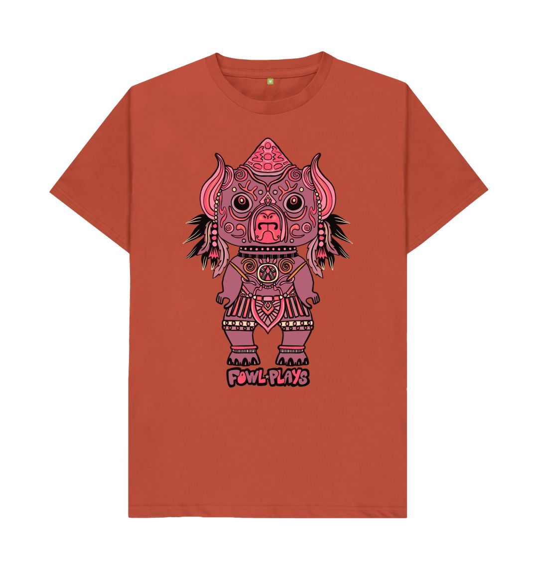 Organic Cotton Rust T-shirt featuring Tribal Pig Statue by Fowl Plays - Sustainable Fashion and Art At Fowl Plays