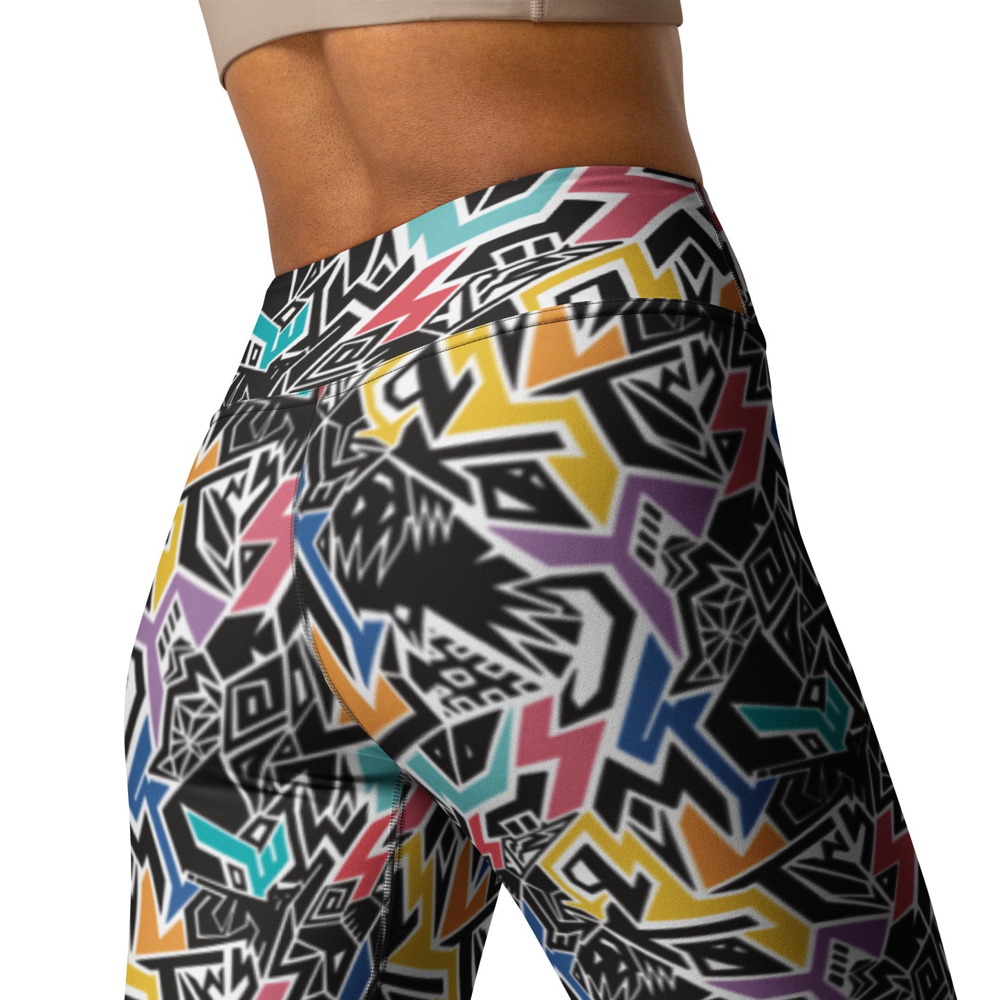 Rainbow patterned leggings with hidden ‘Smile At Life’ message, designed by Fowl Plays Print Emporium