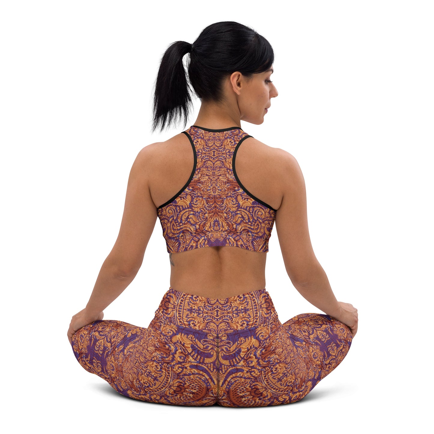 Orange and purple statement leggings and crop top with regal festival design, exclusive to Fowl Plays Print Emporium.