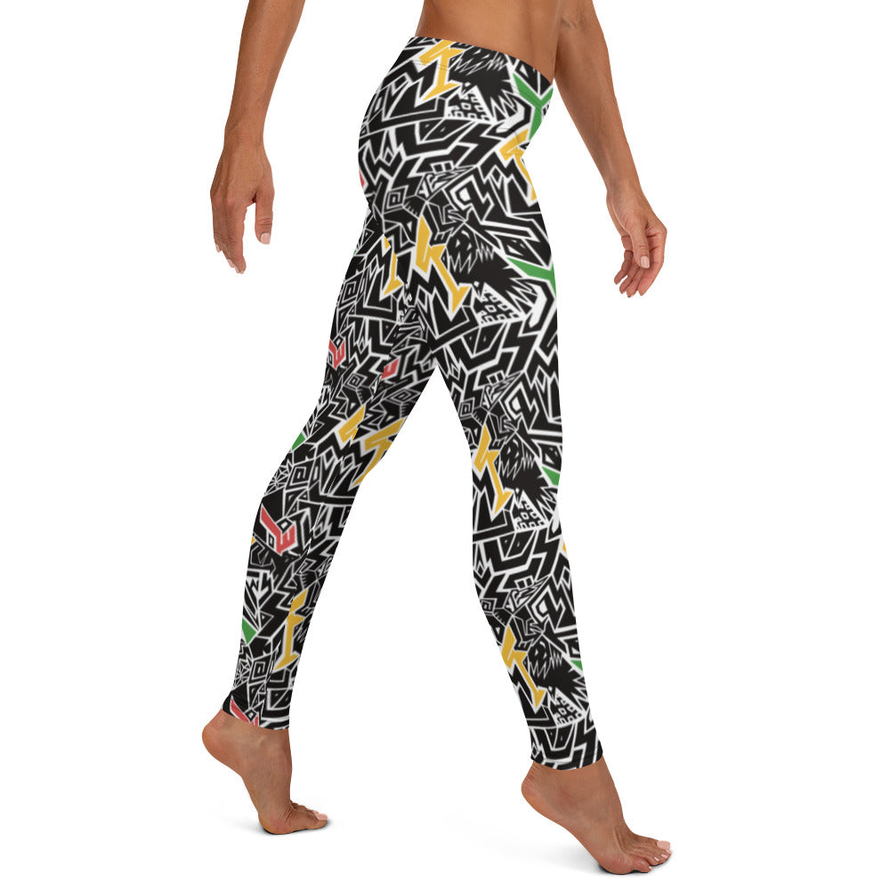 Red, gold, and green patterned elasticated leggings with hidden Smile At Life text, designed by Fowl Plays Print Emporium.