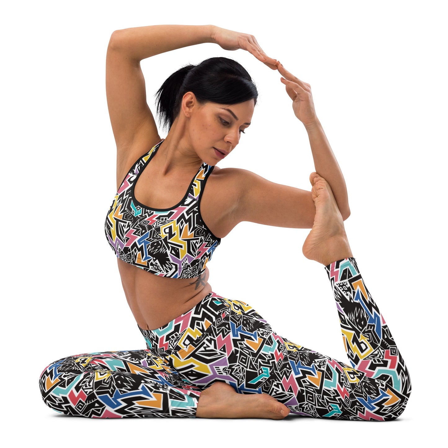 Rainbow patterned leggings and crop top with hidden ‘Smile At Life’ message, designed by Fowl Plays Print Emporium