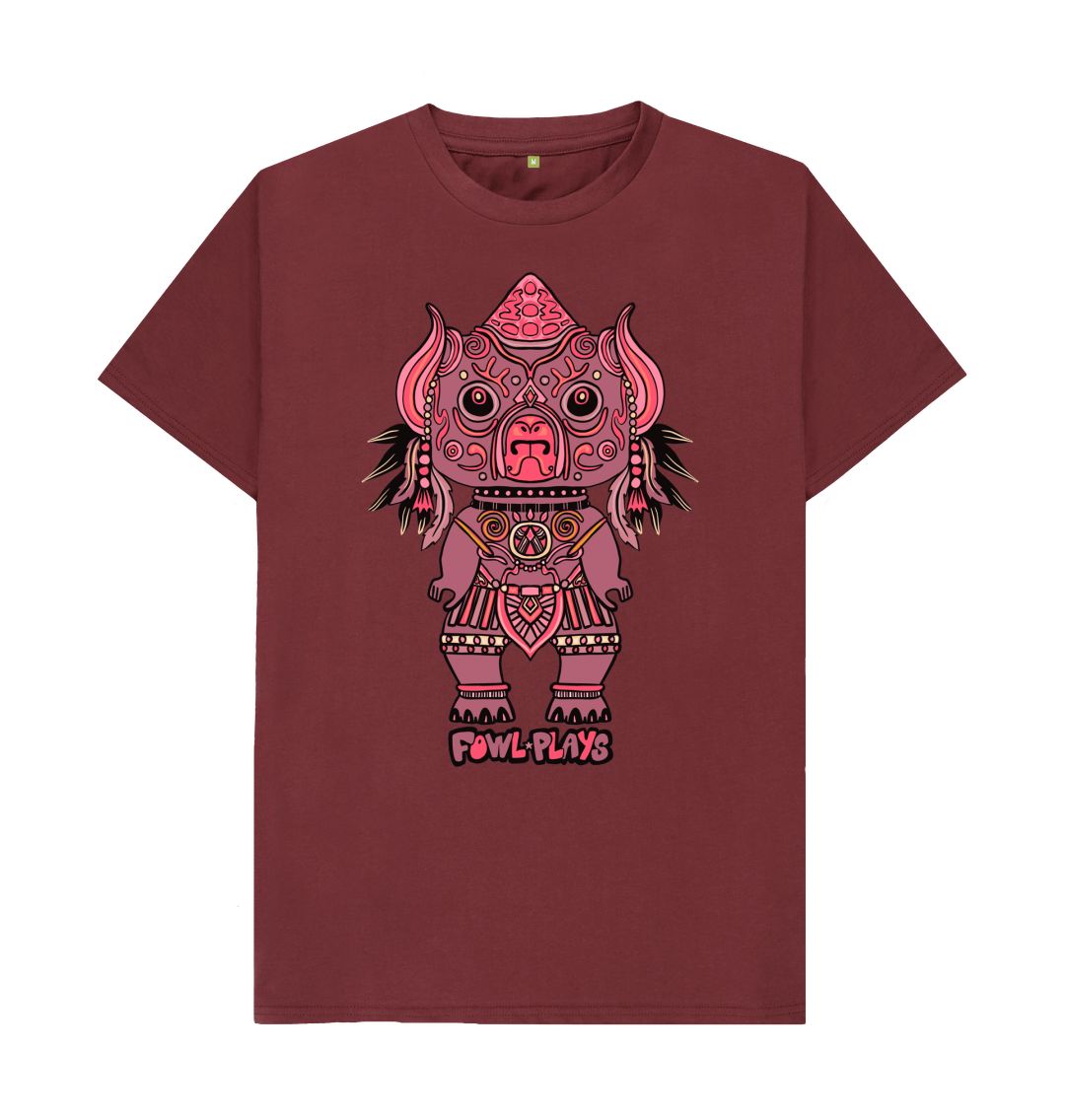 Organic Cotton Red Wine T-shirt featuring Tribal Pig Statue by Fowl Plays - Sustainable Fashion and Art At Fowl Plays