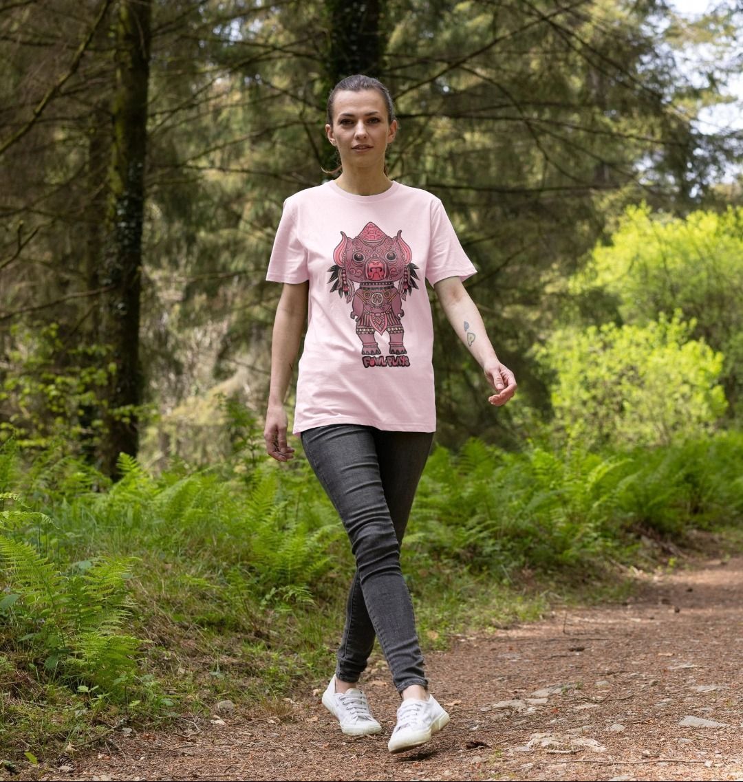 Organic Cotton Pink T-shirt featuring Tribal Pig Statue by Fowl Plays - Sustainable Fashion and Art At Fowl Plays