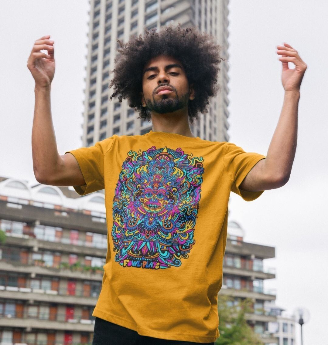 Organic Cotton Mustard T-shirt featuring a Psychedelic Mask Blue Edition by Fowl Plays - Sustainable Fashion and Art At Fowl Plays