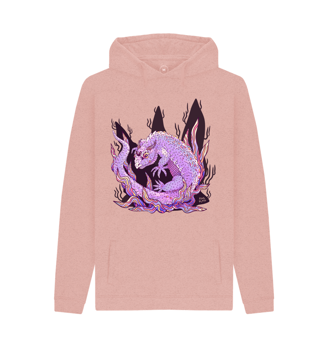 Organic Cotton Sunset Pink Recycled Hoodie featuring an Armadillo Lizard by Fowl Plays - Sustainable Fashion and Art At Fowl Plays.