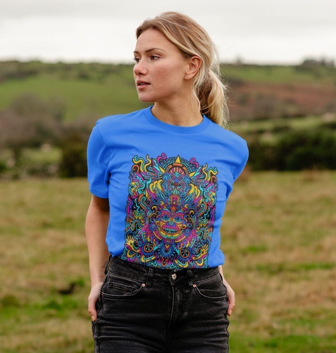 Organic Cotton Bright Blue T-shirt featuring a Psychedelic Mask Blue Edition by Fowl Plays - Sustainable Fashion and Art At Fowl Plays