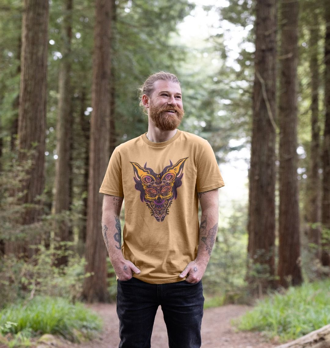Organic Cotton Sand T-shirt featuring Cyberpunk Dog Boy by Fowl Plays - Sustainable Fashion and Art At Fowl Plays