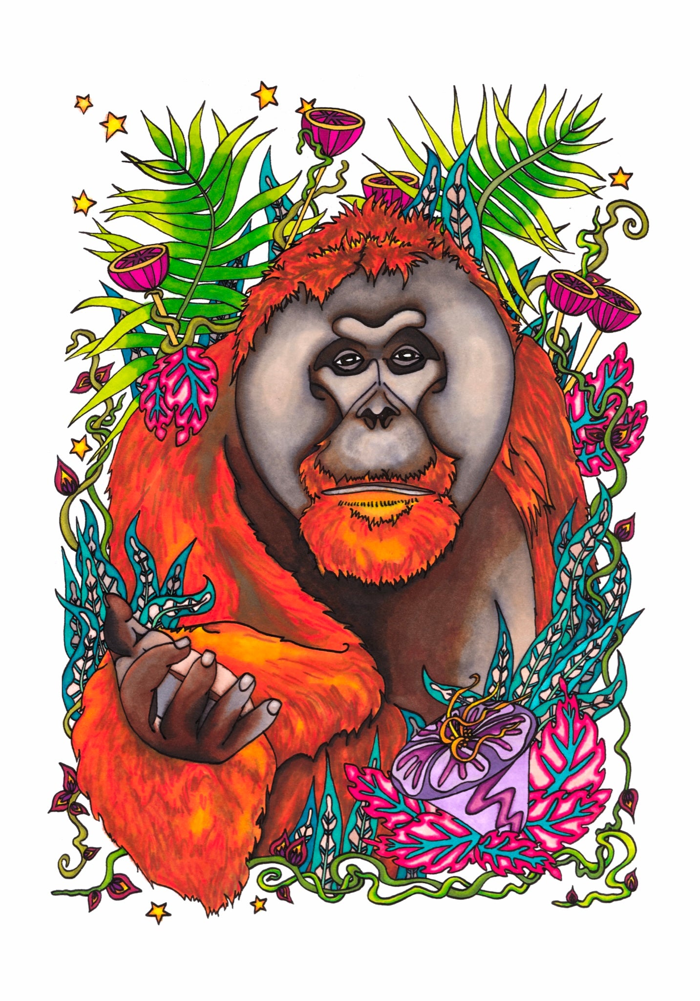Here we see a kind and gentle old orangutang reaching to the viewer to lend a hand or give affection. His old eyes show the depth of his feeling and his desire to make friends with all he meets. His fur glows a ginger orange and he is covered in the wildlife around him. There is less of the jungle n this scene leaving room for his commanding posture.