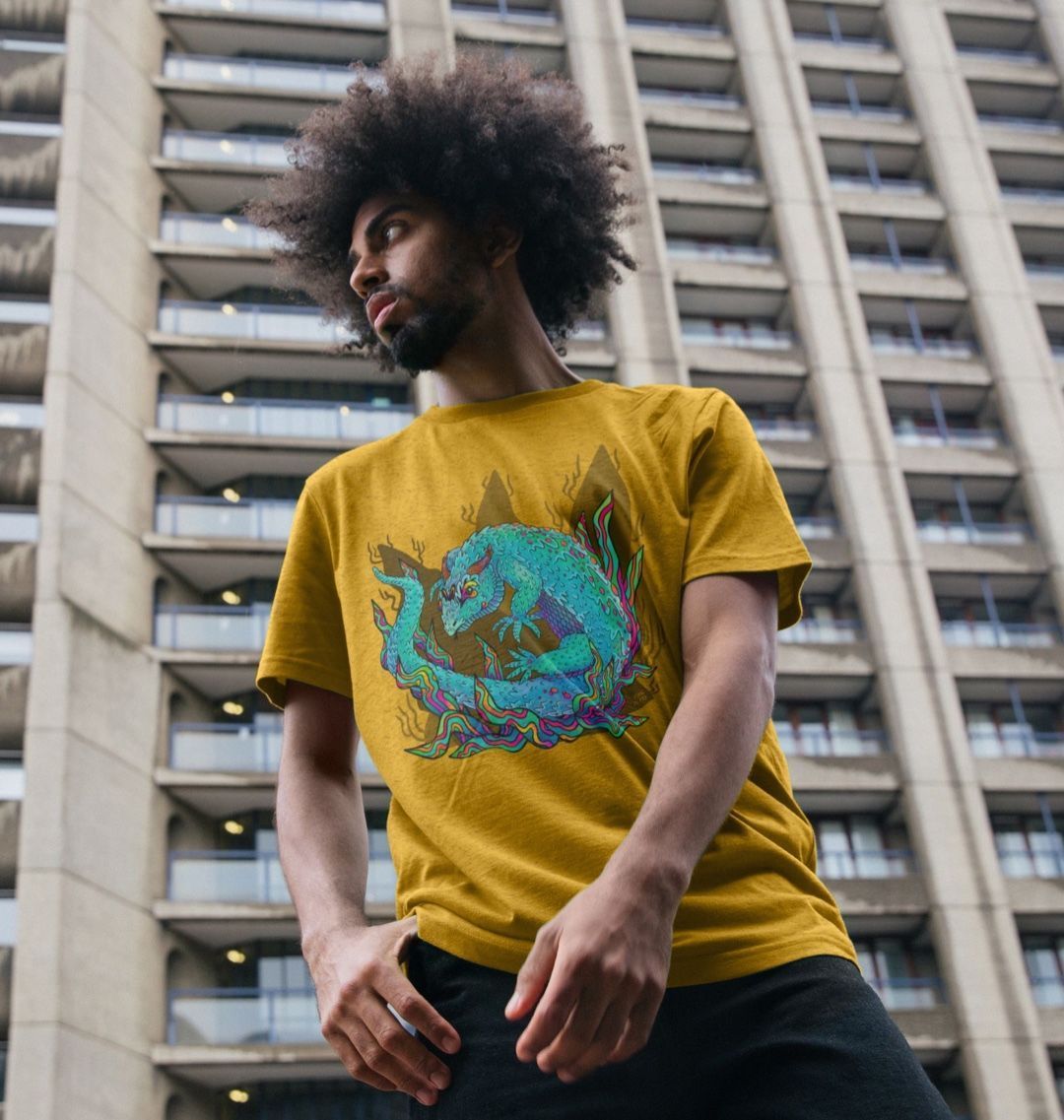 Organic Cotton Sunflower Yellow Recycled T-shirt featuring an Armadillo Lizard by Fowl Plays - Sustainable Fashion and Art At Fowl Plays.