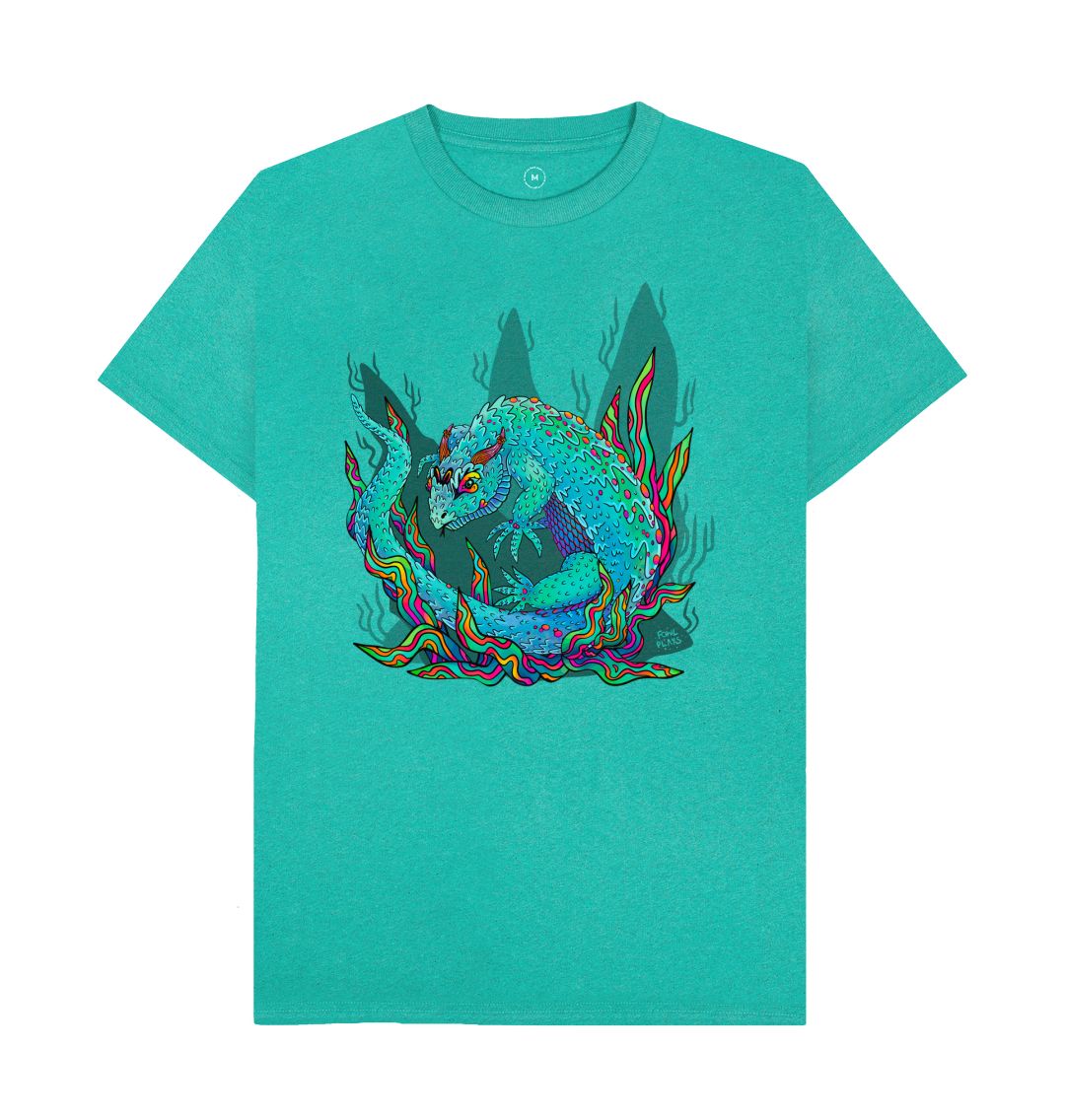Organic Cotton Seagrass Green Recycled T-shirt featuring an Armadillo Lizard by Fowl Plays - Sustainable Fashion and Art At Fowl Plays.