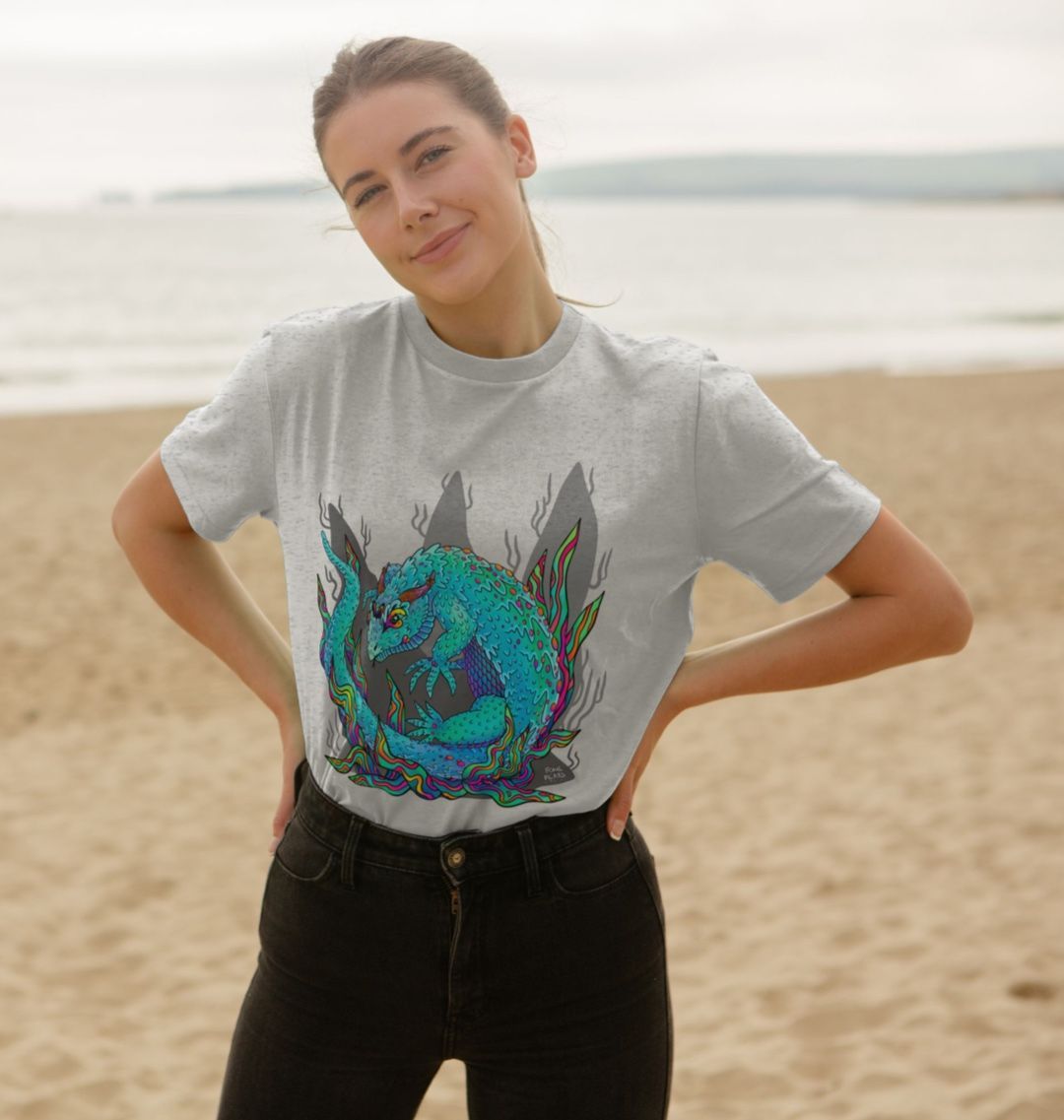 Organic Cotton Grey Recycled T-shirt featuring an Armadillo Lizard by Fowl Plays - Sustainable Fashion and Art At Fowl Plays.