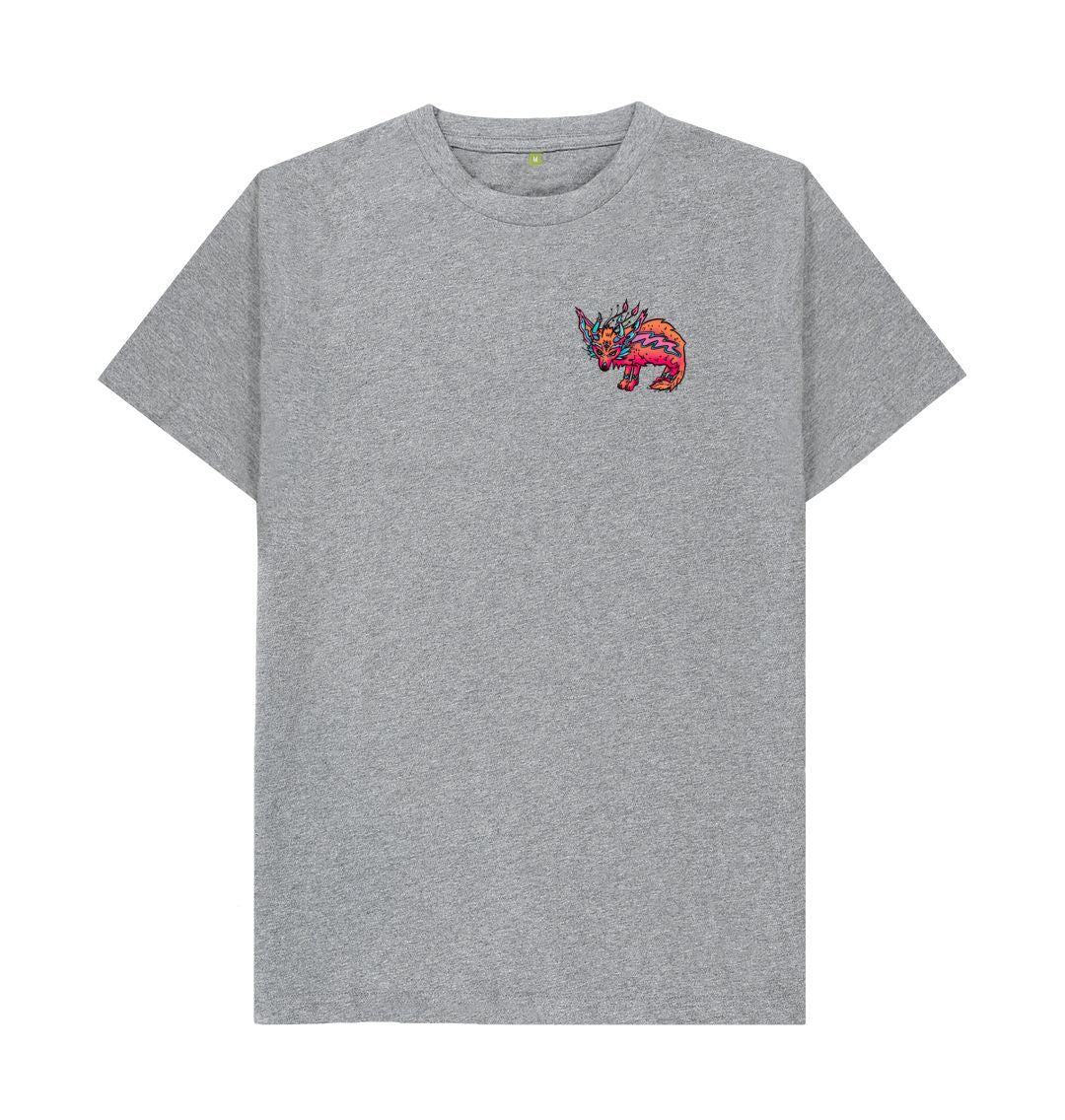 Organic Cotton Athletic Grey T-shirt featuring a fantasy Fennec Fox by Fowl Plays - Sustainable Fashion and Art At Fowl Plays
