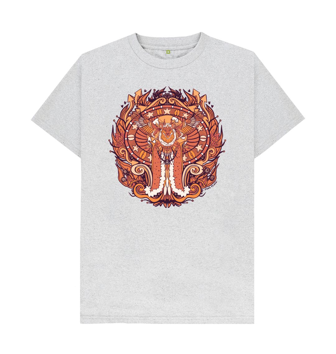 Flying Fire Lion by Fowl Plays on Grey Organic Cotton Recycled Unisex Front & Back T-shirt Sustainable Fashion and Art At Fowl Plays