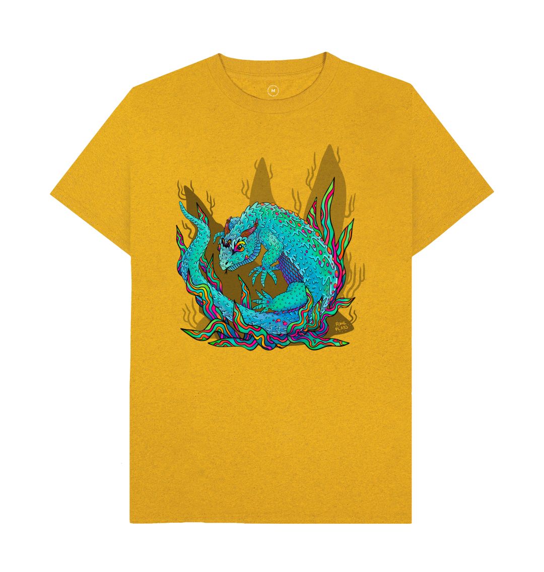 Organic Cotton Sunflower Yellow Recycled T-shirt featuring an Armadillo Lizard by Fowl Plays - Sustainable Fashion and Art At Fowl Plays.