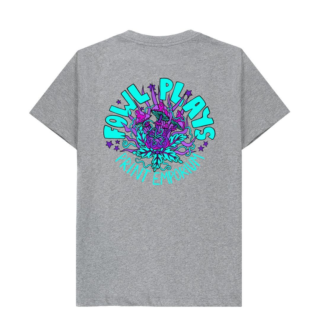 Fowl Plays Print Emporium Mushroom Delight by Fowl Plays Front and Back on Athletic Grey Organic Cotton Unisex T-shirt Sustainable Fashion and Art At Fowl Plays Back Side