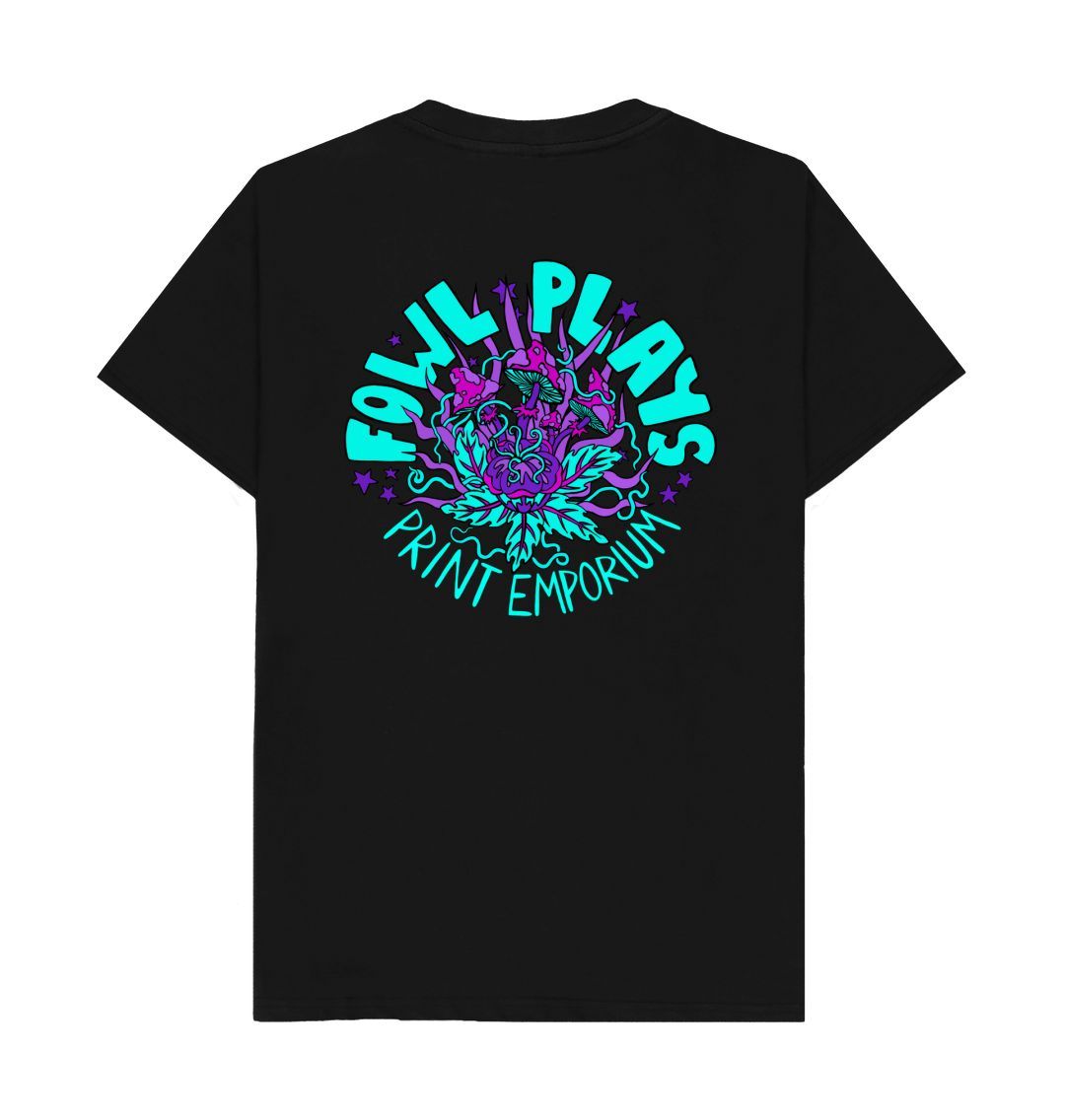 Fowl Plays Print Emporium Mushroom Delight by Fowl Plays Front and Back on Black Organic Cotton Unisex T-shirt Sustainable Fashion and Art At Fowl Plays Back Side