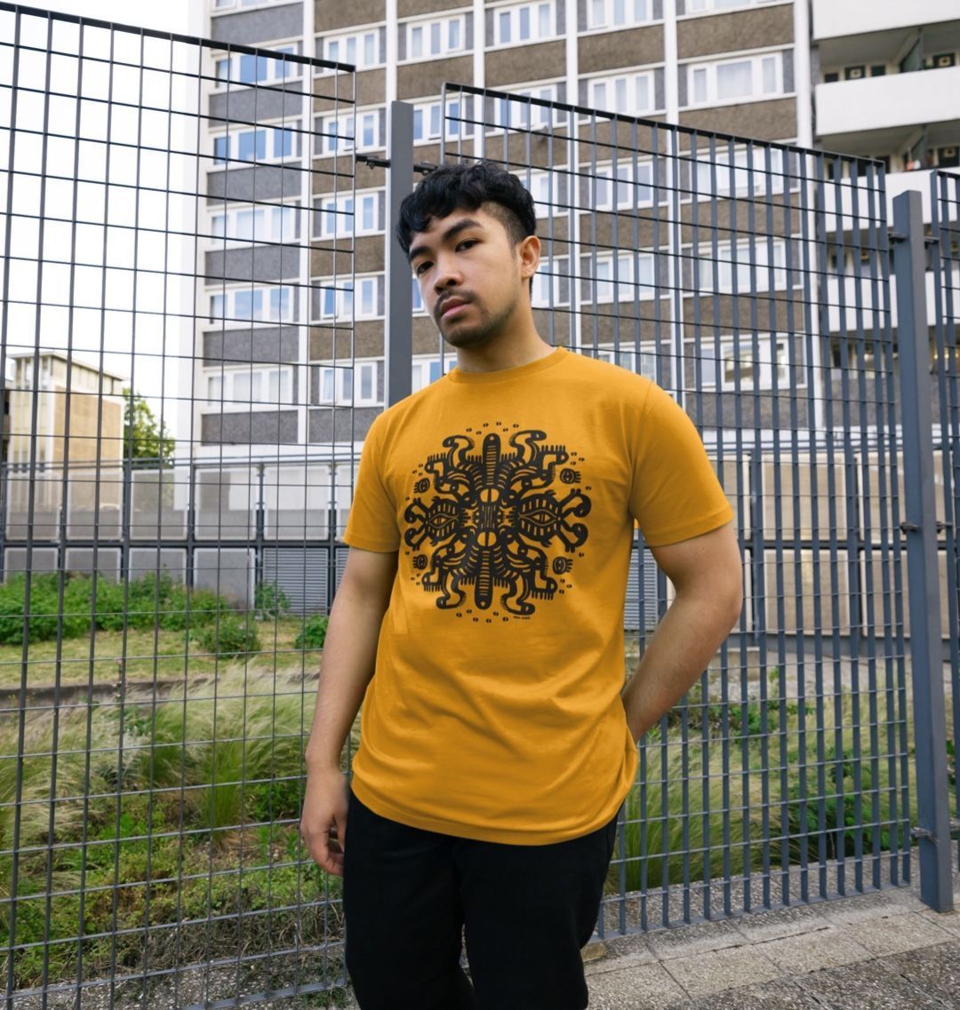 Organic Cotton Mustard T-shirt featuring Squid Mates by Fowl Plays - Sustainable Fashion and Art At Fowl Plays