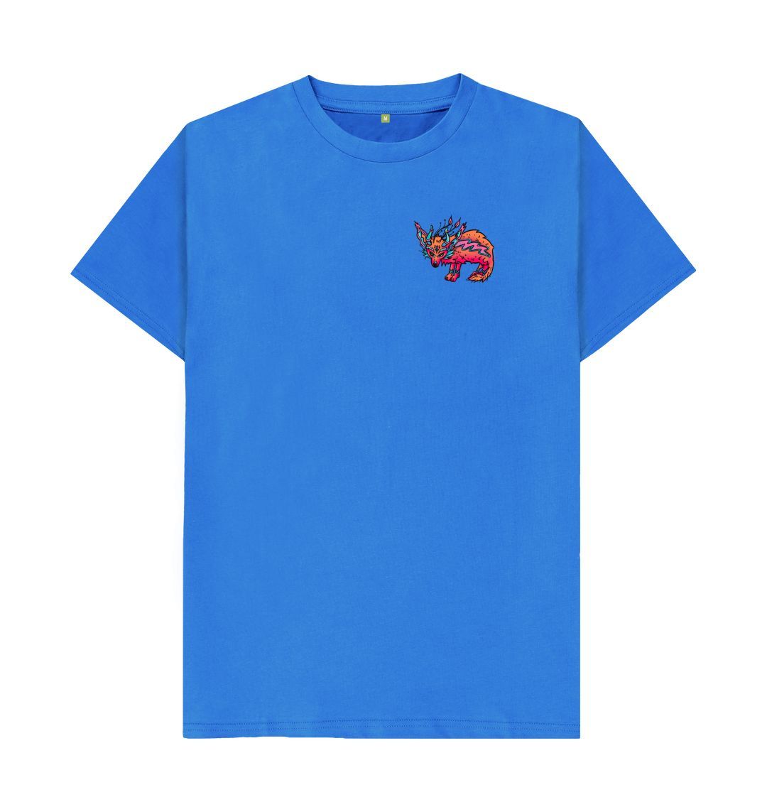 Organic Cotton Bright Blue T-shirt featuring a fantasy Fennec Fox by Fowl Plays - Sustainable Fashion and Art At Fowl Plays