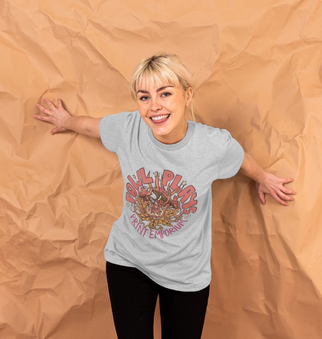 Fowl Plays Mushroom Delight Organic Cotton Unisex T-shirt Remill Salmon