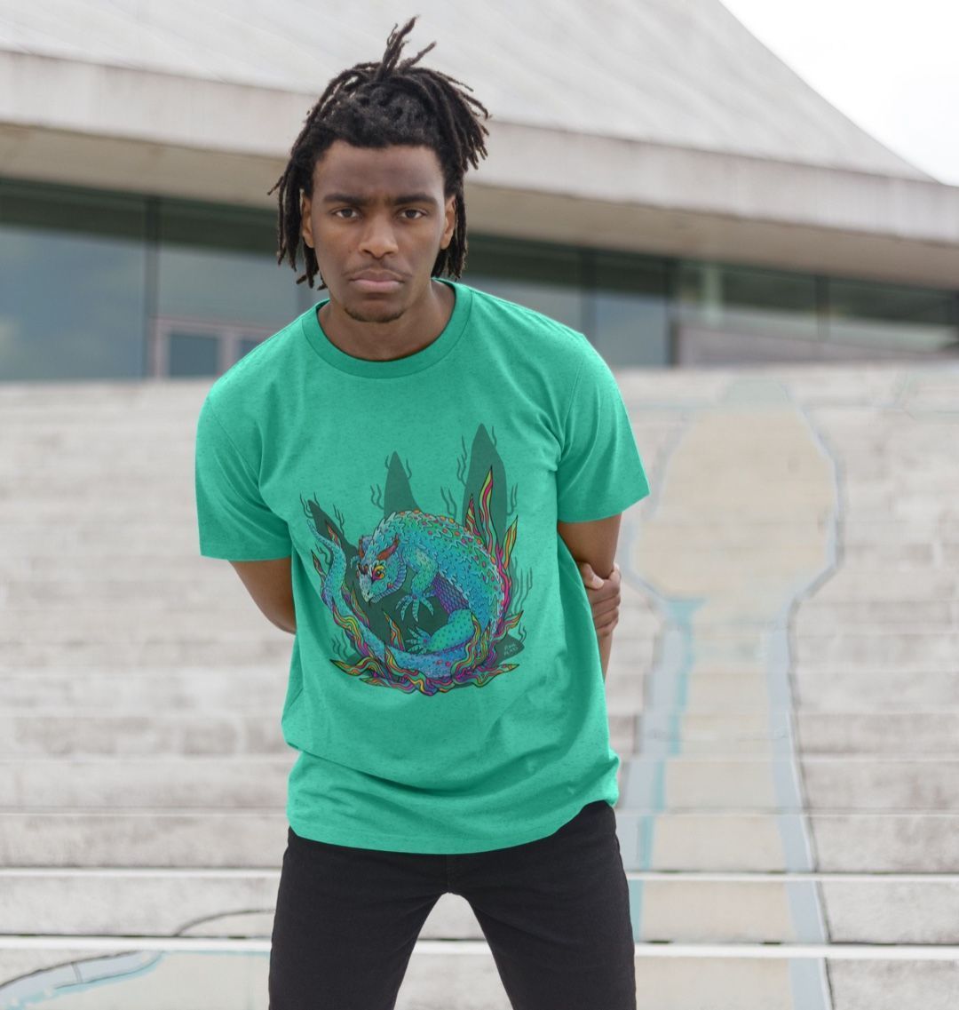 Organic Cotton Seagrass Green Recycled T-shirt featuring an Armadillo Lizard by Fowl Plays - Sustainable Fashion and Art At Fowl Plays.