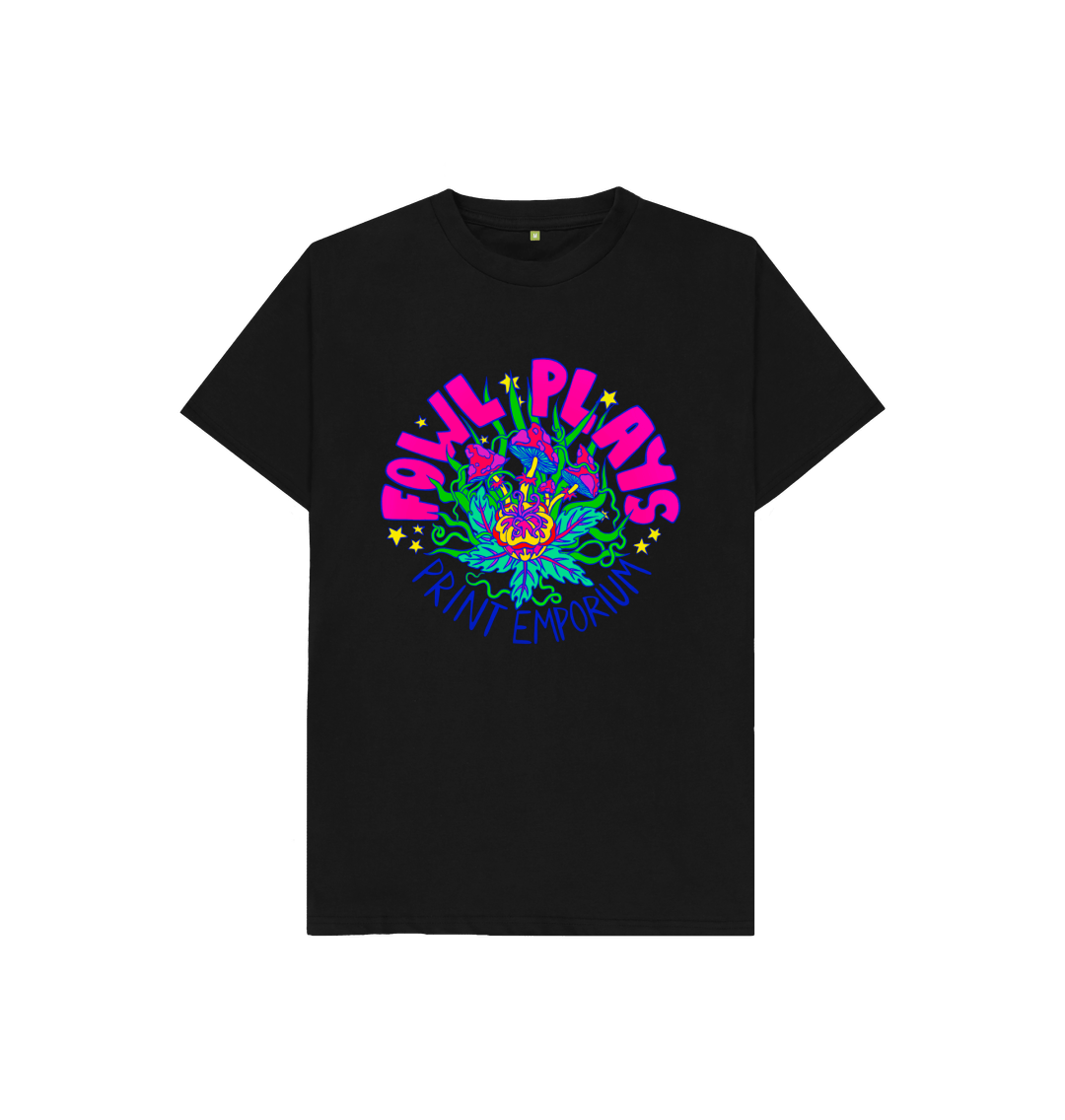 Fowl Plays Print Emporium Mushroom Delight by Fowl Plays on Black Kids Organic Cotton Unisex T-shirt Sustainable Fashion and Art At Fowl Plays