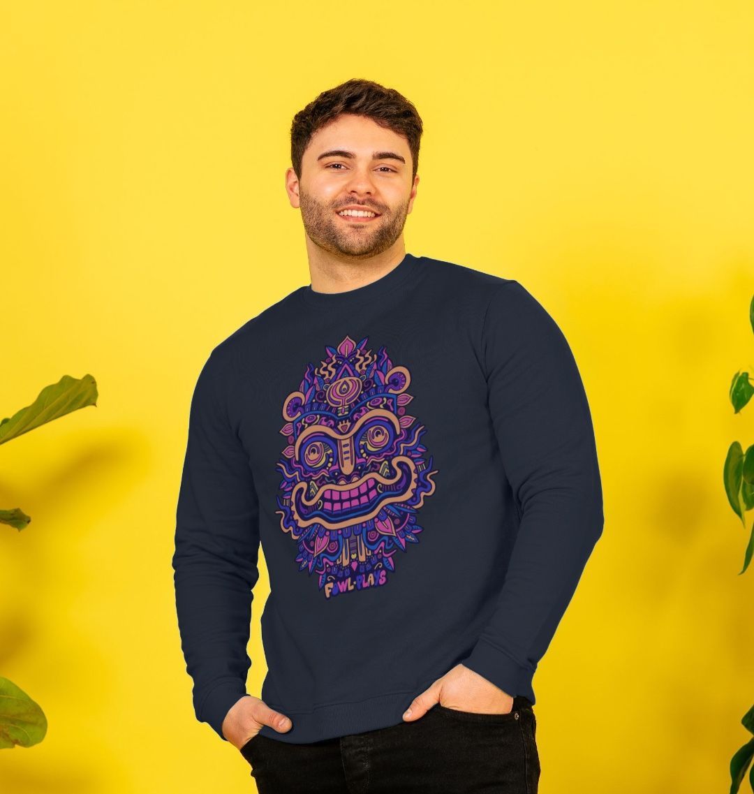 Smiling Mask Organic Cotton Unisex Sweater Purple Print