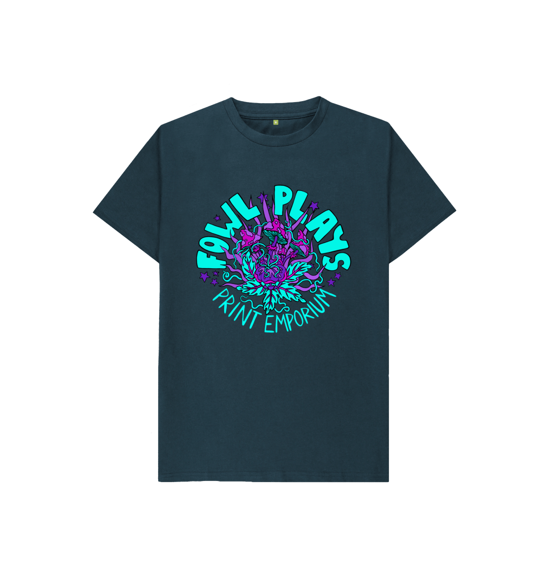 Denim Blue Fowl Plays Print Emporium Mushroom Delight Kids Unisex T-shirt Neon