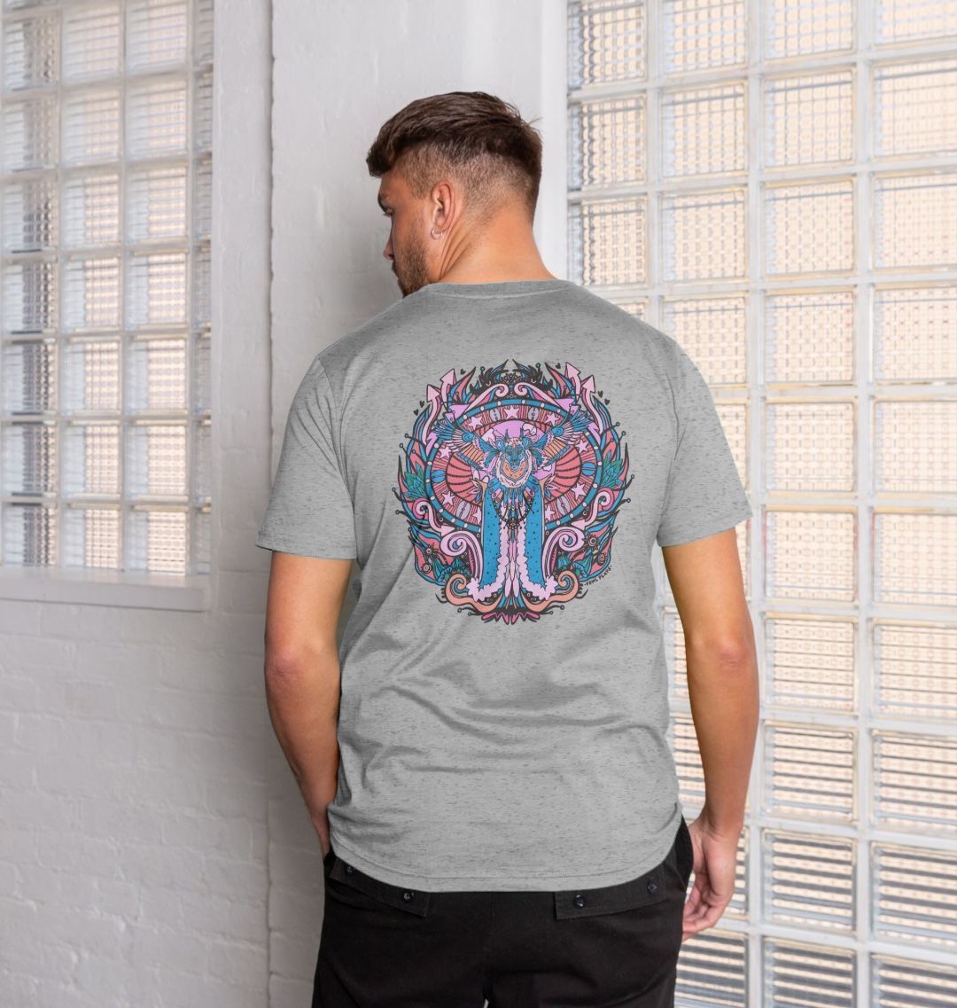 Flying Fire Lion by Fowl Plays on Athletic Grey Organic Cotton Unisex Front & Back T-shirt Sustainable Fashion and Art At Fowl Plays Back Side