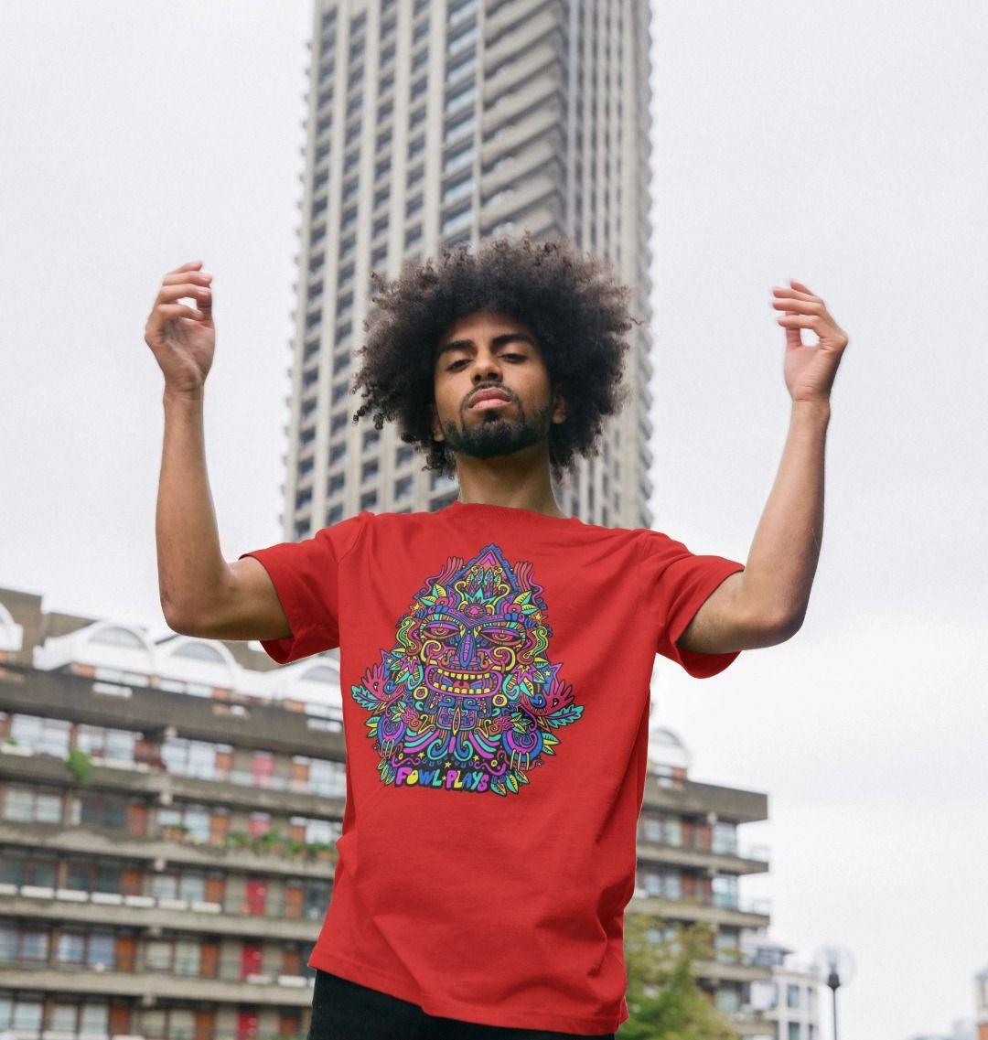 Organic Cotton Red T-shirt featuring Triangular Mask Primary by Fowl Plays - Sustainable Fashion and Art At Fowl Plays