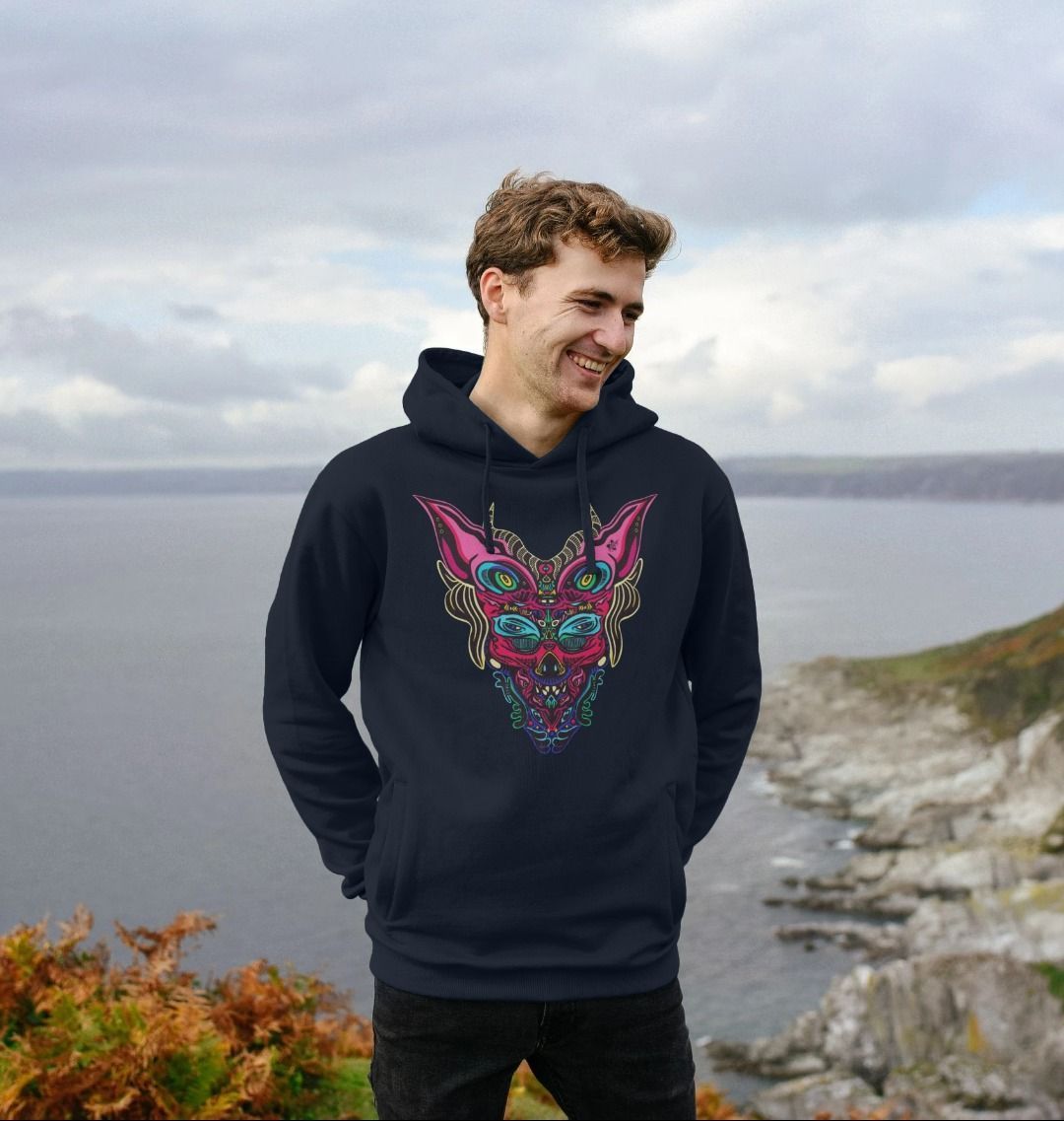 Organic Cotton Navy Blue Hoodie featuring Cyberpunk Dog Boy Pink by Fowl Plays - Sustainable Fashion and Art At Fowl Plays.