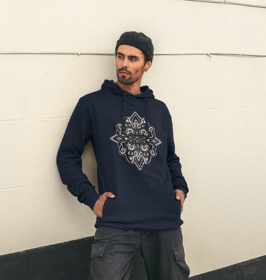 Organic Cotton Navy Blue Hoodie featuring Catnip Black and White by Fowl Plays - Sustainable Fashion and Art At Fowl Plays.