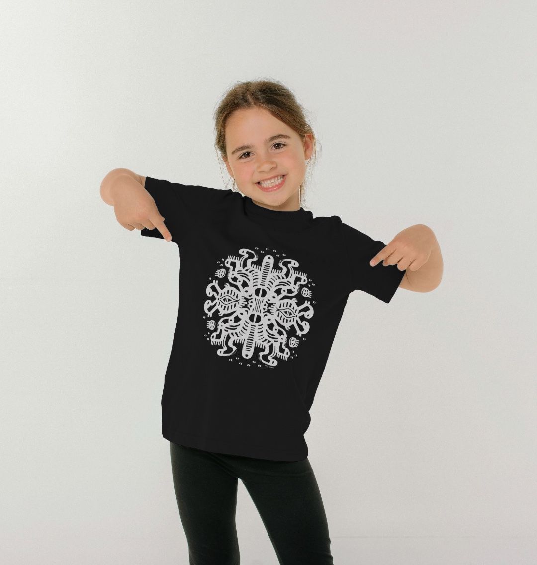 Organic Cotton Black Kids T-shirt featuring Squid Mates White Print by Fowl Plays - Sustainable Fashion and Art At Fowl Plays