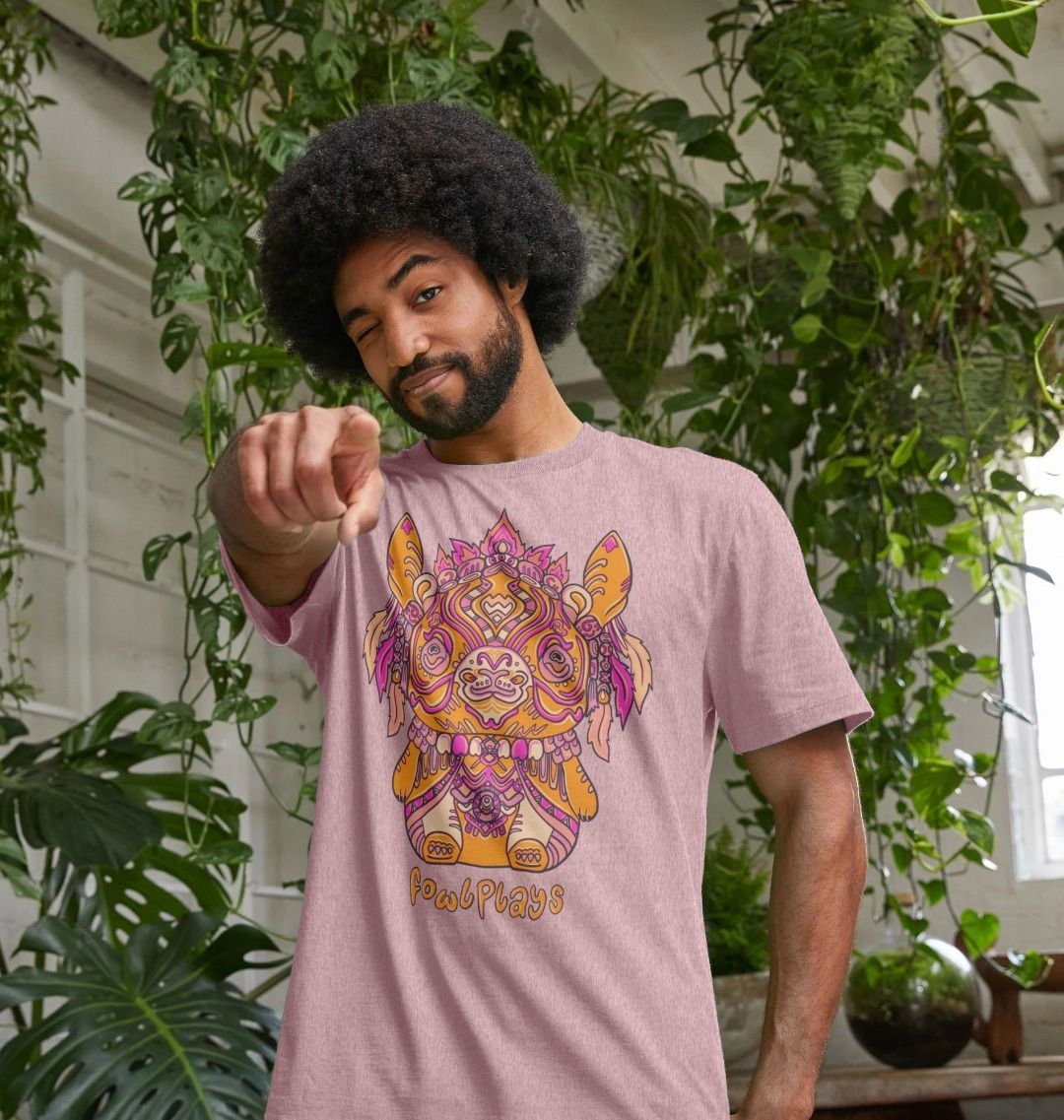 Organic Cotton Sunset Pink Recycled T-shirt featuring a Bunny Bear Forest Spirit by Fowl Plays - Sustainable Fashion and Art At Fowl Plays