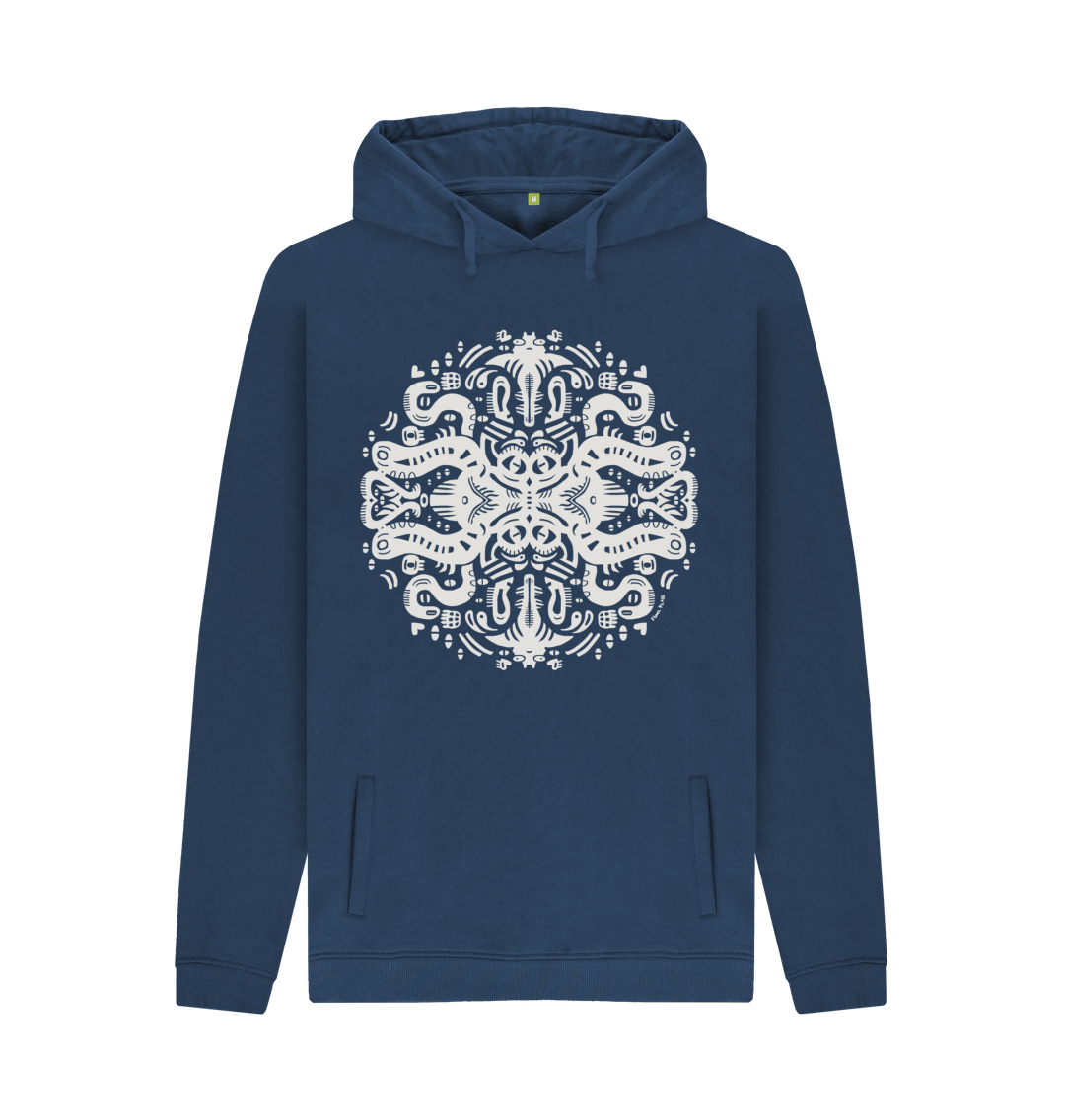 Organic Cotton Navy Blue Hoodie featuring Squid Games White Print by Fowl Plays - Sustainable Fashion and Art At Fowl Plays.