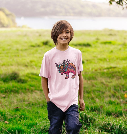 Organic Cotton Pink Kids T-shirt featuring a fantasy Fennec Fox by Fowl Plays - Sustainable Fashion and Art At Fowl Plays